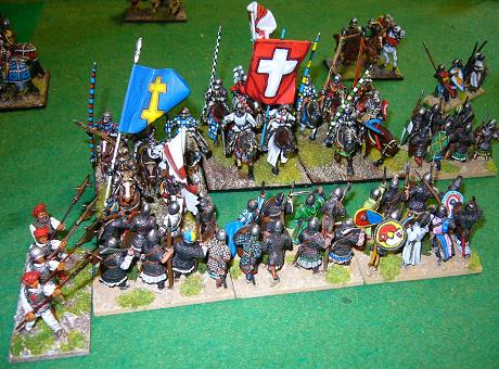 German Knights attacking Crusader spears in a 25mm DBMM game